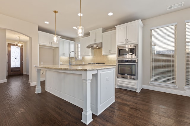 kitchen featuring white cabinets, a kitchen island with sink, stainless steel appliances, under cabinet range hood, and pendant lighting