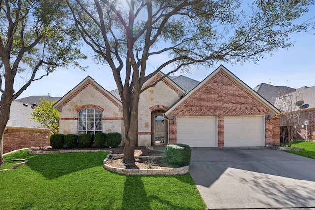 view of front of home with brick siding, concrete driveway, a garage, stone siding, and a front lawn