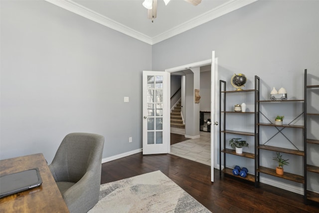 office with dark wood-style floors, french doors, ornamental molding, a ceiling fan, and baseboards