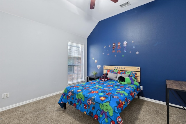 bedroom with vaulted ceiling, carpet floors, visible vents, and baseboards