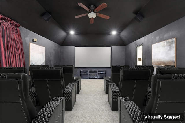 home theater featuring vaulted ceiling, ceiling fan, carpet flooring, and recessed lighting