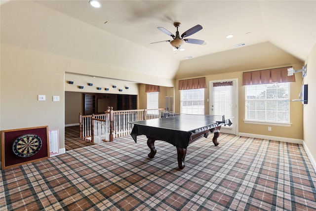 rec room featuring recessed lighting, visible vents, vaulted ceiling, and baseboards