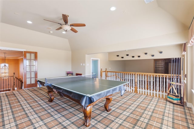 game room featuring light colored carpet, recessed lighting, billiards, baseboards, and vaulted ceiling