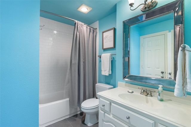 full bath with toilet, tile patterned flooring, shower / bath combination with curtain, and vanity