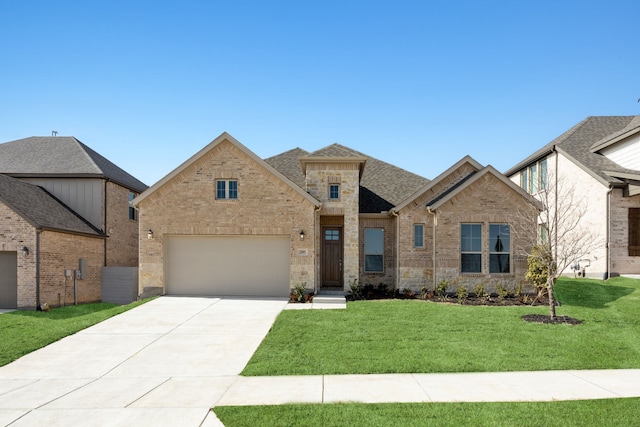 view of front of house with concrete driveway, brick siding, a front yard, and a shingled roof