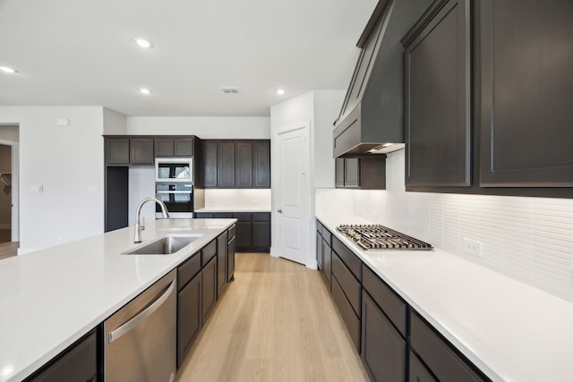 kitchen featuring a sink, light countertops, appliances with stainless steel finishes, light wood-type flooring, and backsplash