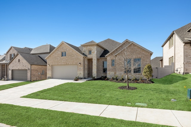 french country inspired facade with a garage, brick siding, concrete driveway, roof with shingles, and a front yard