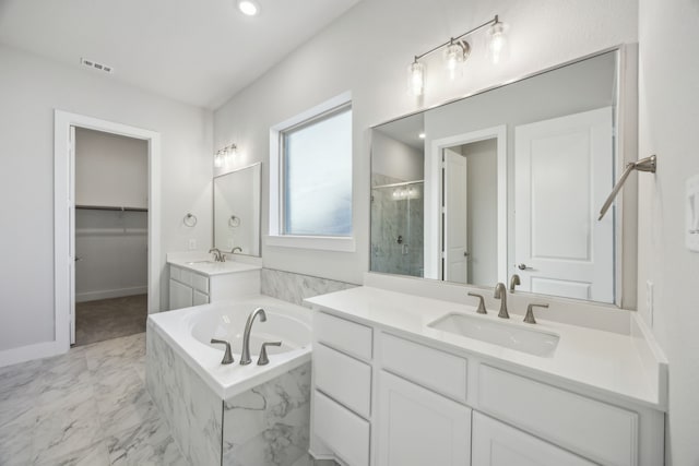 bathroom with two vanities, a sink, visible vents, marble finish floor, and a stall shower