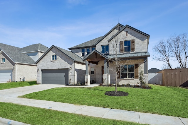 view of front of home with fence, concrete driveway, and brick siding