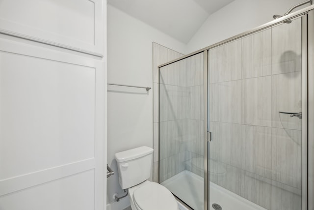 bathroom featuring lofted ceiling, a stall shower, and toilet