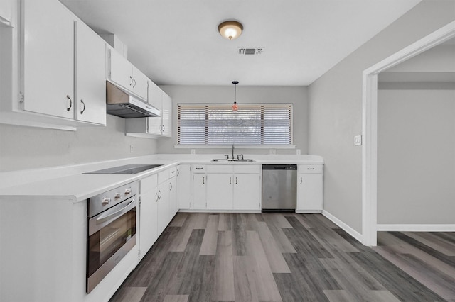 kitchen featuring white cabinets, decorative light fixtures, stainless steel appliances, under cabinet range hood, and a sink