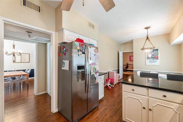 kitchen featuring pendant lighting, dark wood finished floors, visible vents, white cabinetry, and stainless steel fridge with ice dispenser