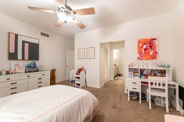 bedroom featuring light carpet, baseboards, visible vents, and a ceiling fan