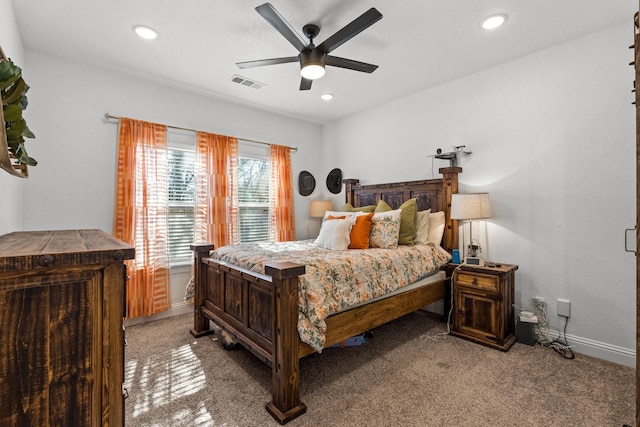 carpeted bedroom with baseboards, visible vents, a ceiling fan, and recessed lighting