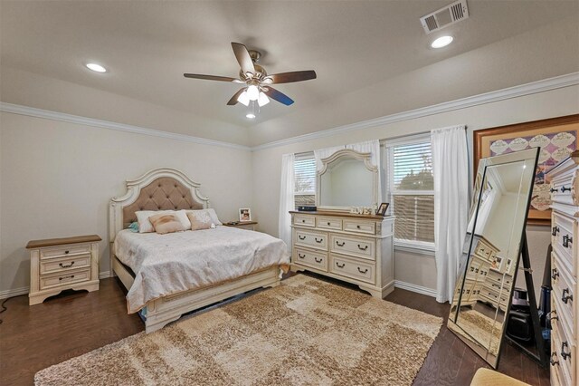 bedroom with dark wood finished floors, recessed lighting, visible vents, a ceiling fan, and baseboards