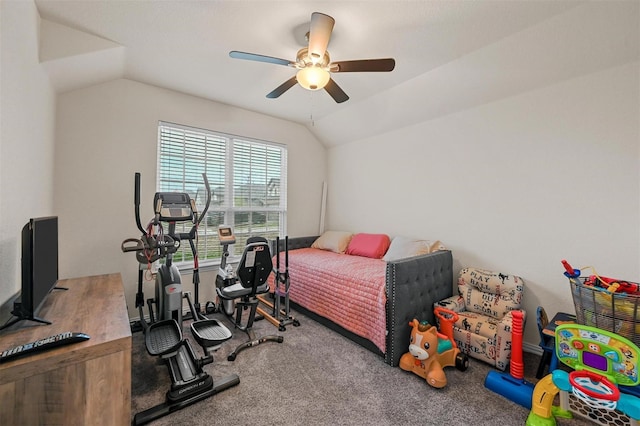 carpeted bedroom featuring vaulted ceiling and a ceiling fan