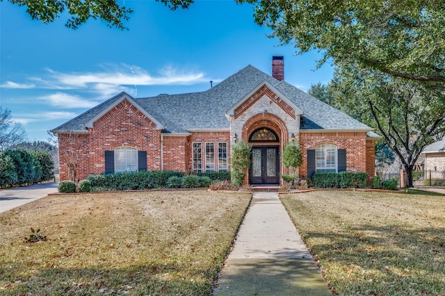 view of front of property with french doors, brick siding, a chimney, and a shingled roof