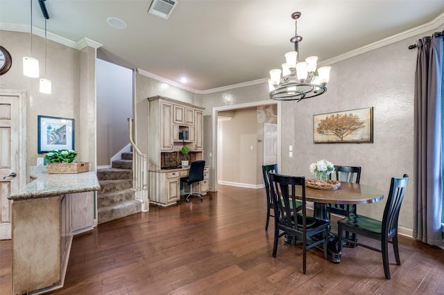 dining space featuring dark wood-style floors, visible vents, crown molding, and stairway