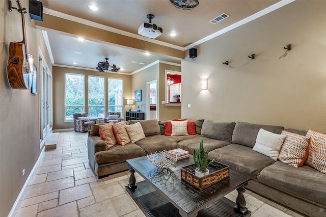 living room featuring recessed lighting, stone tile flooring, visible vents, ornamental molding, and baseboards