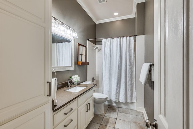 full bathroom featuring shower / tub combo, toilet, ornamental molding, tile patterned flooring, and vanity