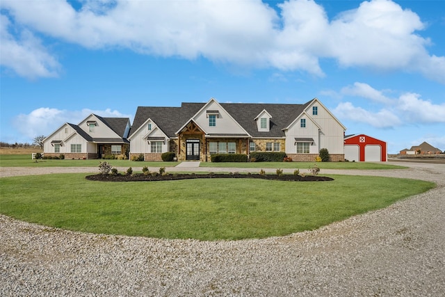 view of front facade with a residential view, a front lawn, and board and batten siding