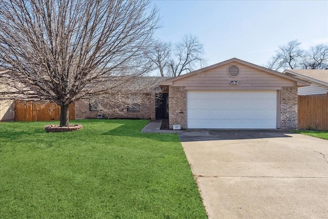 ranch-style home featuring fence, a front lawn, concrete driveway, and brick siding