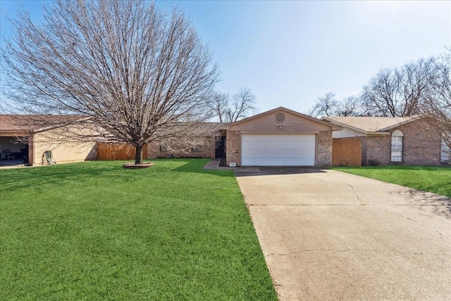 ranch-style house with an attached garage, brick siding, fence, driveway, and a front lawn