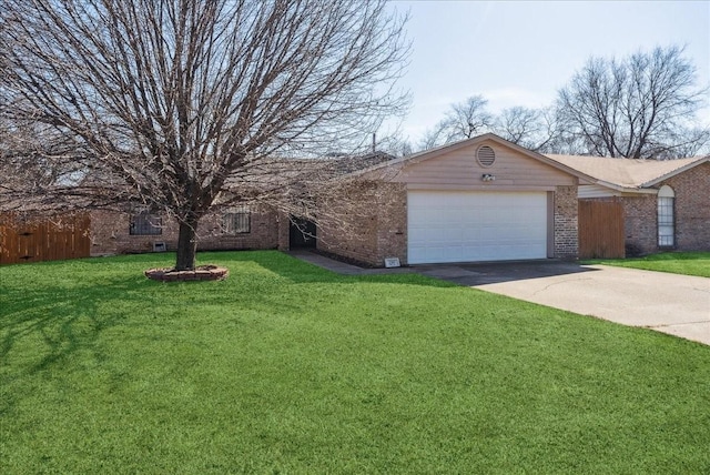 single story home with a garage, brick siding, fence, driveway, and a front lawn