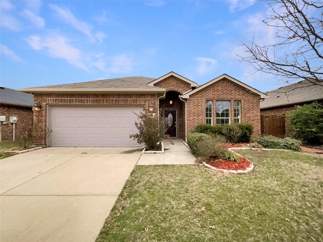 single story home featuring a front yard, brick siding, driveway, and an attached garage