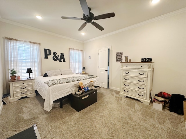 bedroom featuring light carpet, ceiling fan, recessed lighting, and crown molding