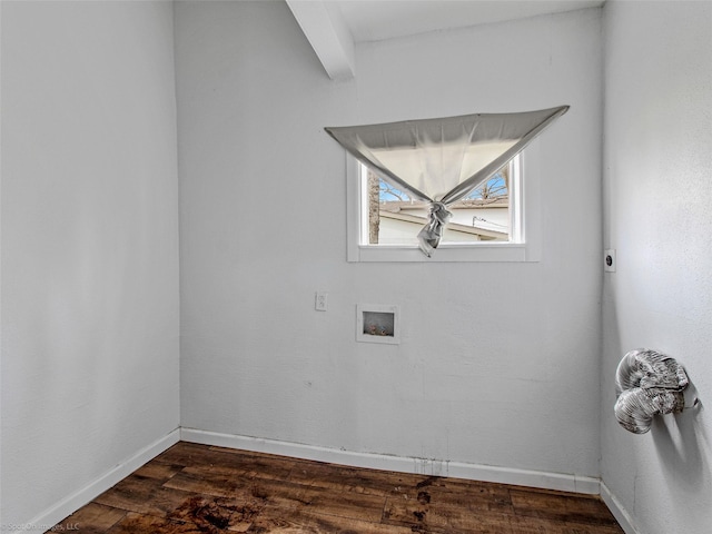 laundry room with hookup for a washing machine, baseboards, laundry area, electric dryer hookup, and dark wood-type flooring