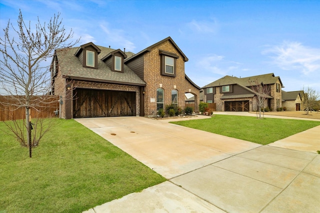 view of front of property featuring concrete driveway, roof with shingles, an attached garage, a front lawn, and brick siding