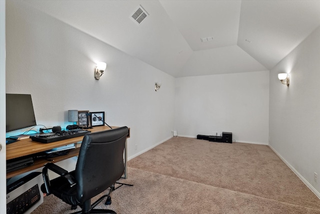 office with light colored carpet, visible vents, lofted ceiling, and baseboards