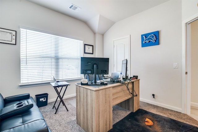 office featuring carpet floors, visible vents, and baseboards