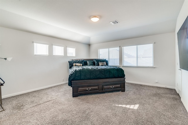 bedroom featuring carpet, baseboards, multiple windows, and visible vents