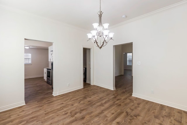 unfurnished dining area with baseboards, dark wood-style flooring, and ornamental molding