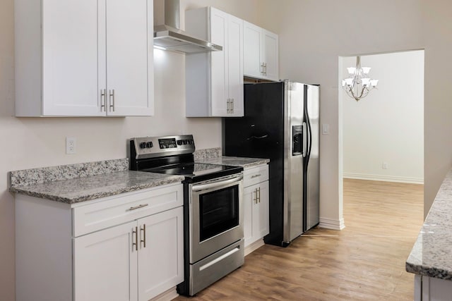 kitchen featuring light stone counters, appliances with stainless steel finishes, wall chimney range hood, and white cabinetry