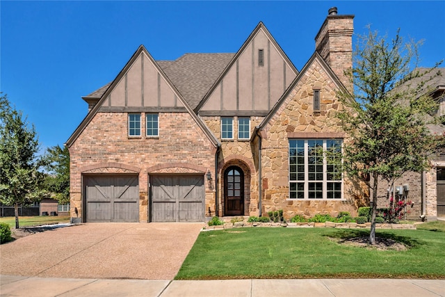 english style home featuring driveway, stucco siding, a chimney, roof with shingles, and brick siding