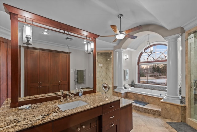 full bath featuring a shower stall, visible vents, and ornate columns