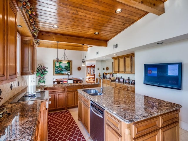 kitchen featuring visible vents, a sink, dishwasher, wooden ceiling, and tasteful backsplash