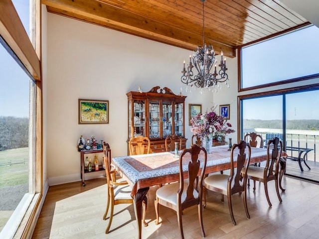 dining area with a high ceiling, light wood finished floors, baseboards, wood ceiling, and a chandelier