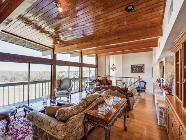 living area featuring light wood-style floors, baseboards, a notable chandelier, and wood ceiling