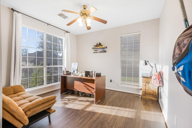 office featuring a ceiling fan, wood finished floors, and visible vents