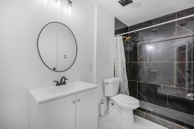 bathroom featuring a shower with shower curtain, visible vents, toilet, and vanity