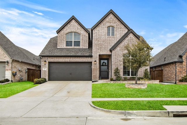 french provincial home with concrete driveway, brick siding, a front lawn, and fence