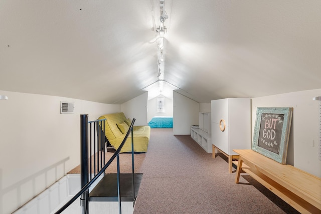 additional living space with vaulted ceiling, carpet floors, and visible vents