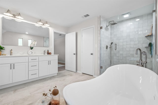 full bathroom with double vanity, visible vents, a soaking tub, a shower stall, and a sink