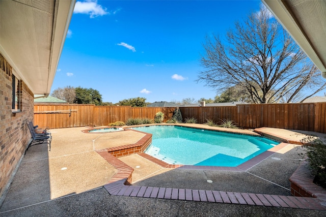 view of swimming pool featuring a patio area, a fenced backyard, a fenced in pool, and an in ground hot tub