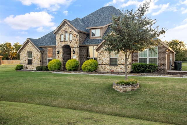 french country inspired facade featuring stone siding, a front lawn, roof with shingles, and brick siding