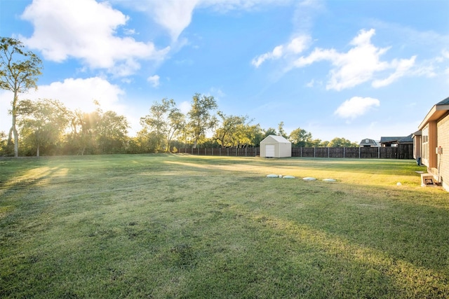 view of yard with a shed, an outdoor structure, and a fenced backyard